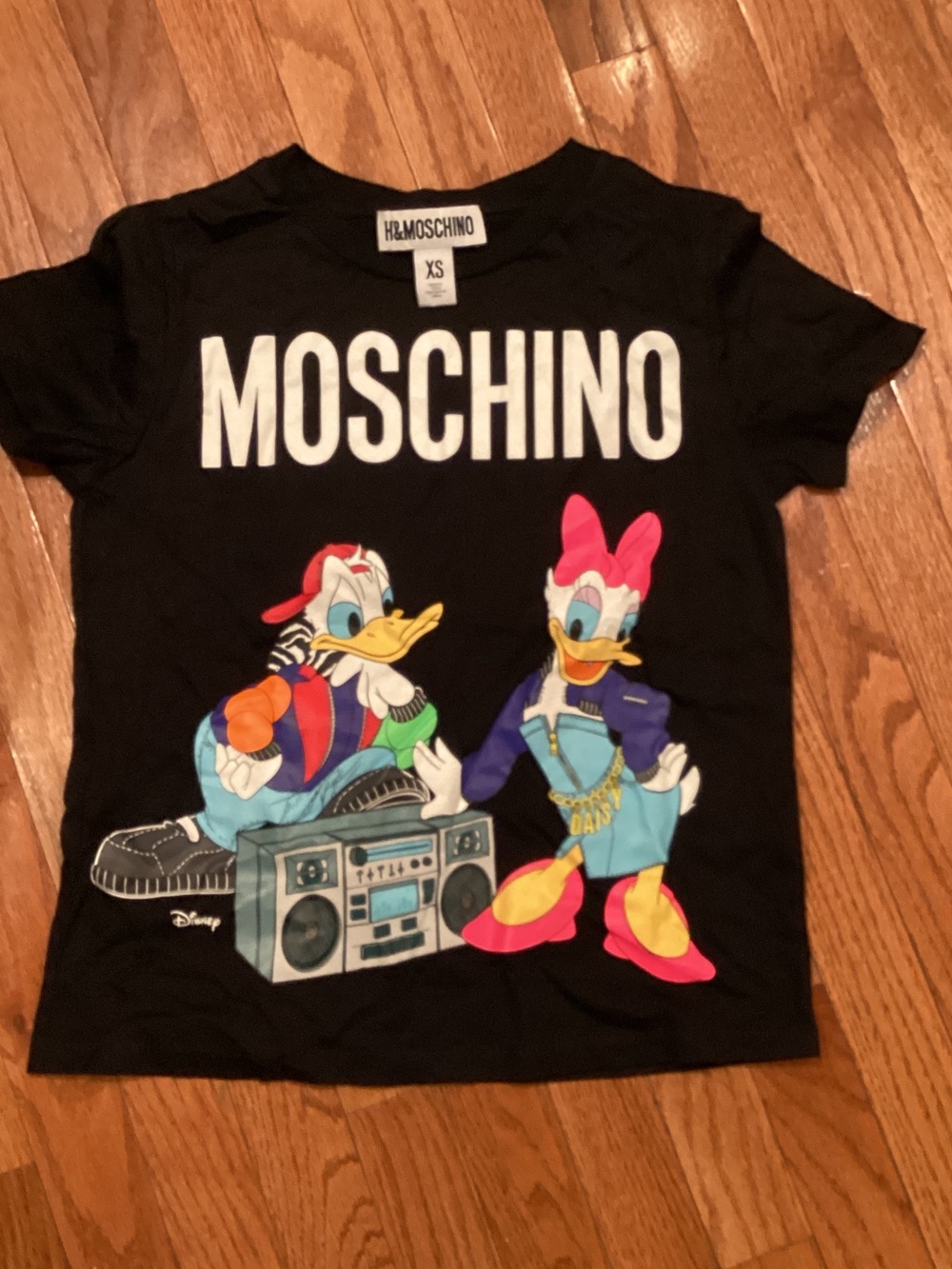 Moschino Black Tee with Colorful Donald & Daisy Graphic